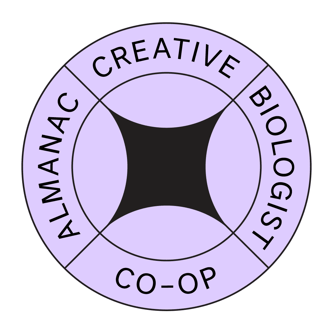 Badge or Giphy sticker for social media campaign Memory Work. Reads Almanac, Creative, Biologist, Co-op.