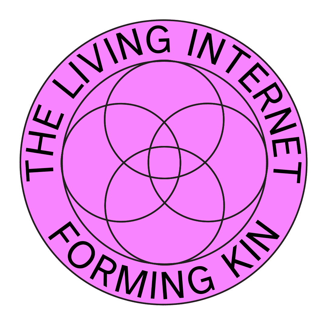 Badge or Giphy sticker for social media campaign Memory Work. Reads The Living Internet, Forming Kin.