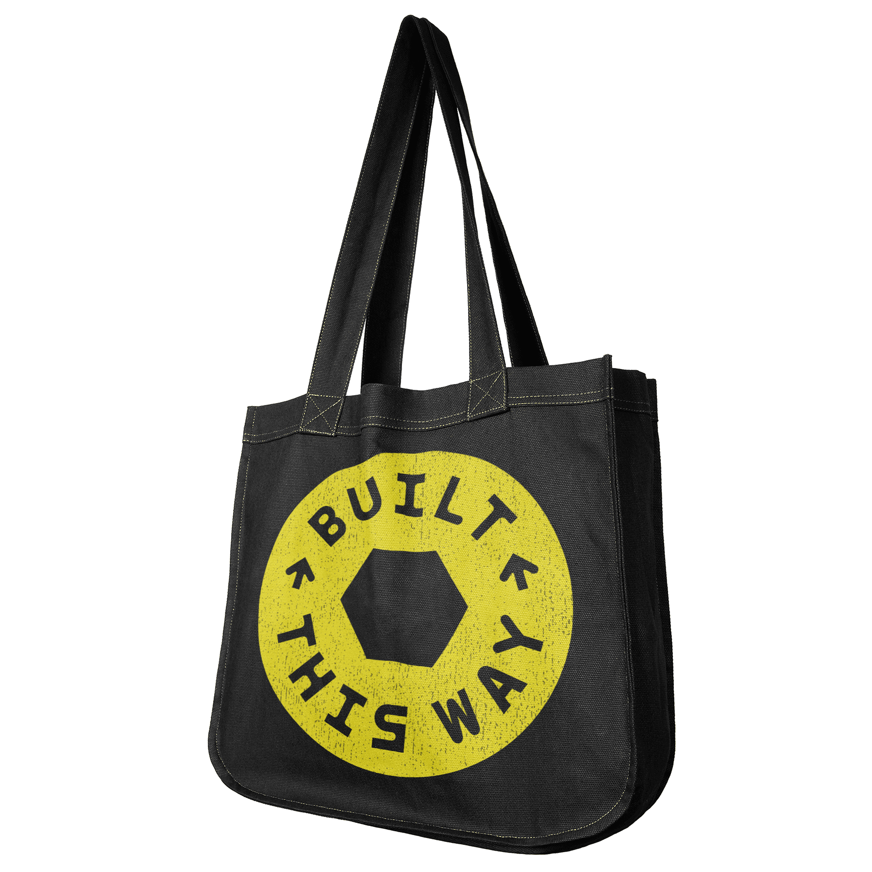 Black tote bag with yellow Screen Printed Logo that reads Built this Way