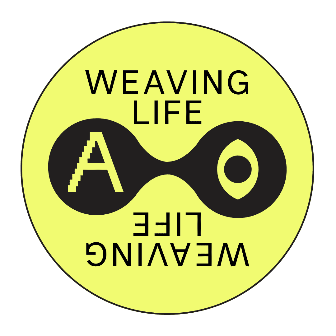 Badge or Giphy sticker for social media campaign Memory Work. That reads Weaving Life.